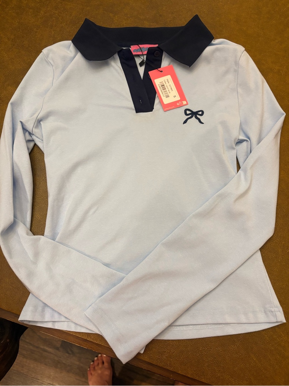Edikted Light Blue Long-Sleeve Polo with Navy Collar